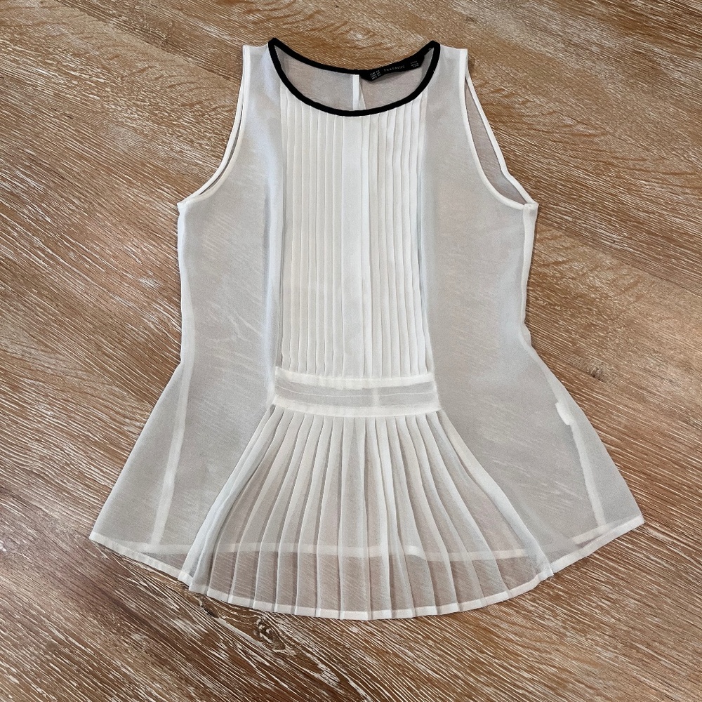 Zara Sheer Faux Leather Trimmed Sleeveless Pleat Front Tank